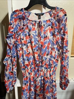 Lauren Ralph Lauren Red, Blue & White Floral Long-Sleeve Tie-Neck Dress